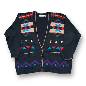 Vintage 90s Black Southwestern Knit Cardigan Sweater Geometric Vneck Plus Size